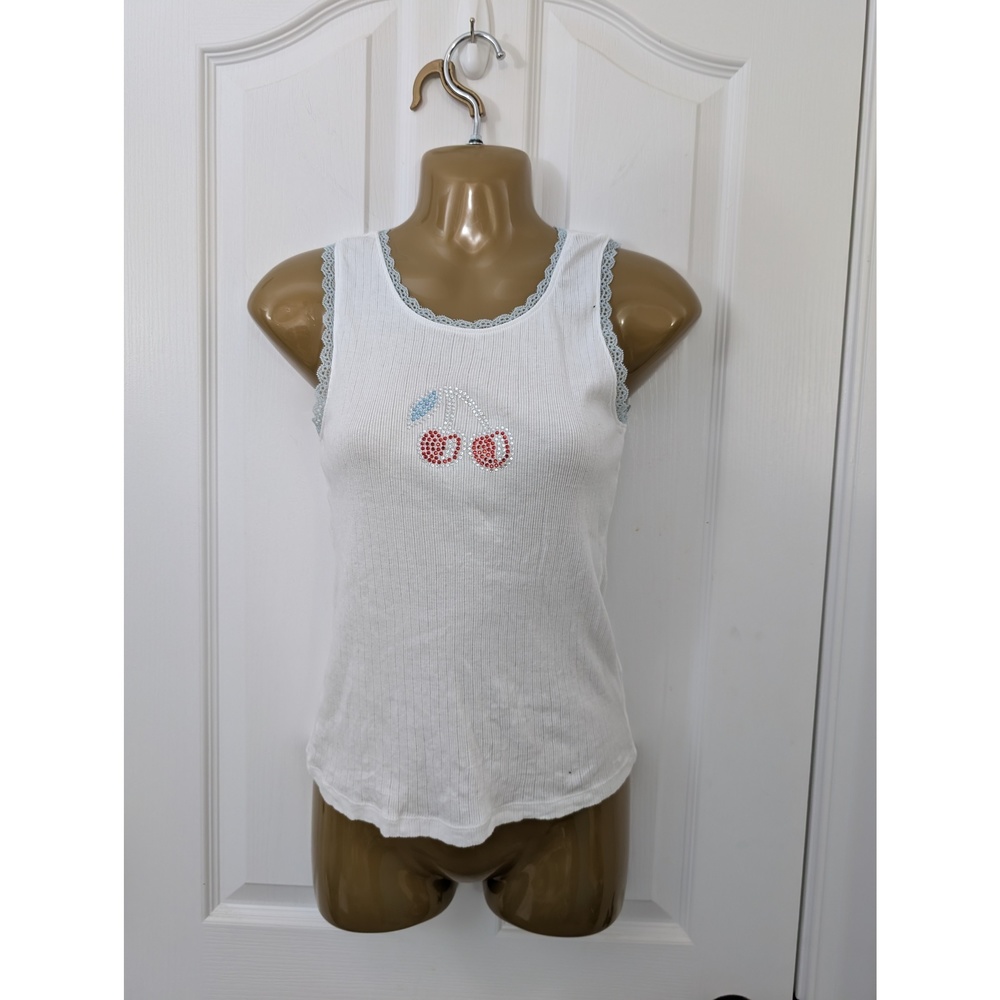 3/$21 FOREVER 21 Kids Tank Top Lace trim Rhinestone Cherries Sz XL White